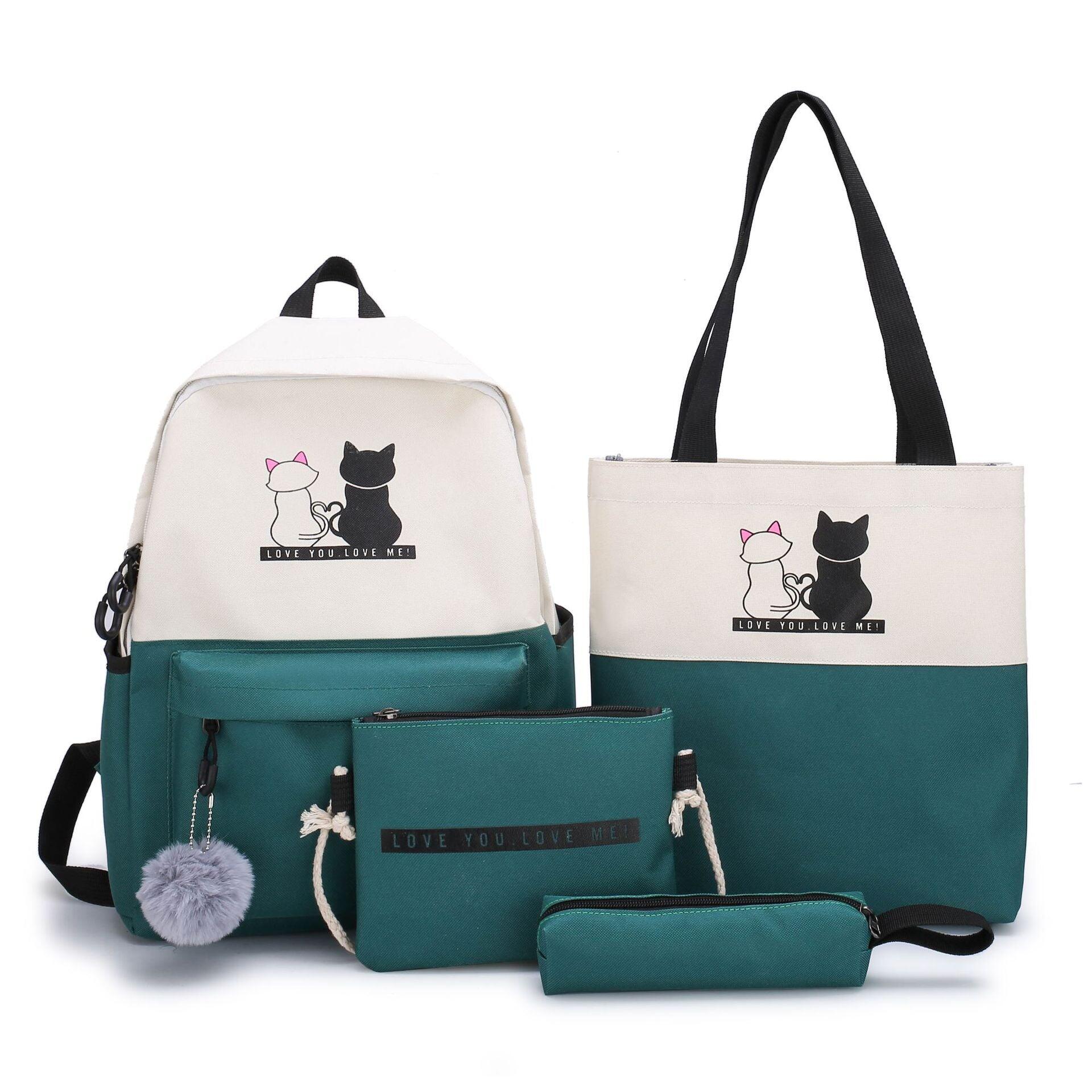 4-Piece Green Student Backpack Set with Cat Print