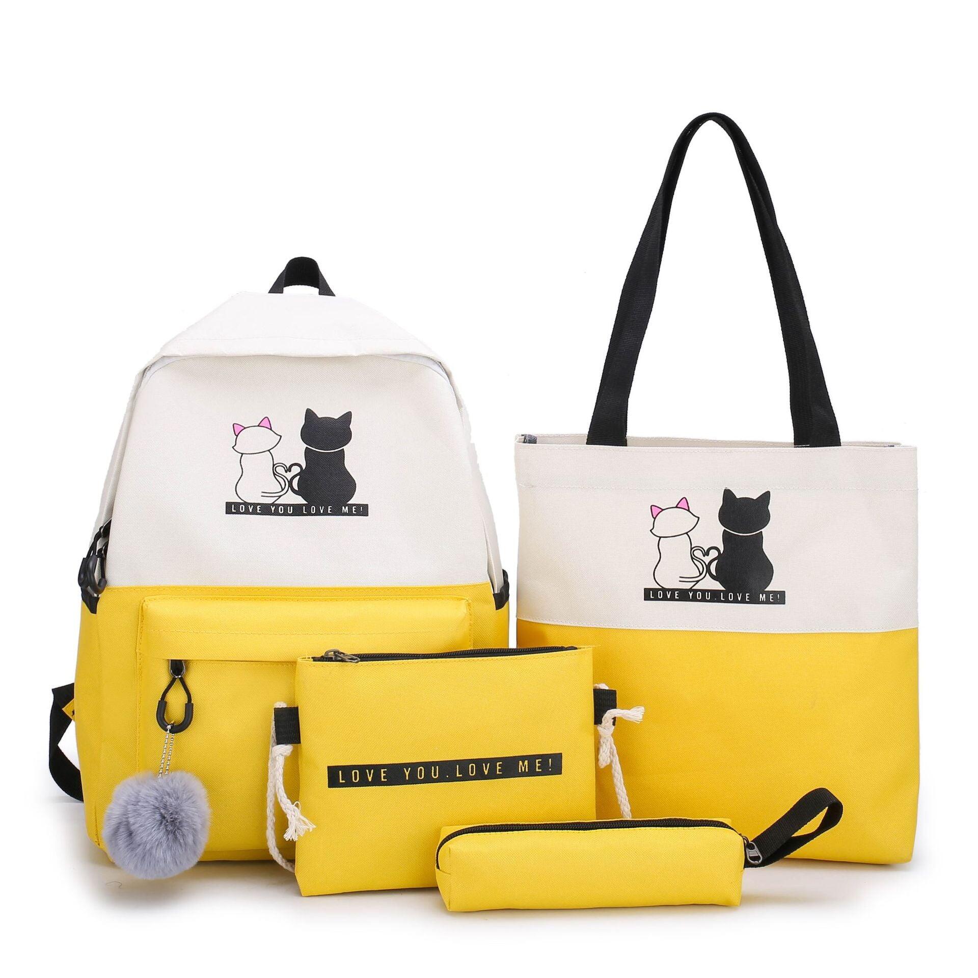 4-Piece Yellow Student Backpack Set with Cat Print