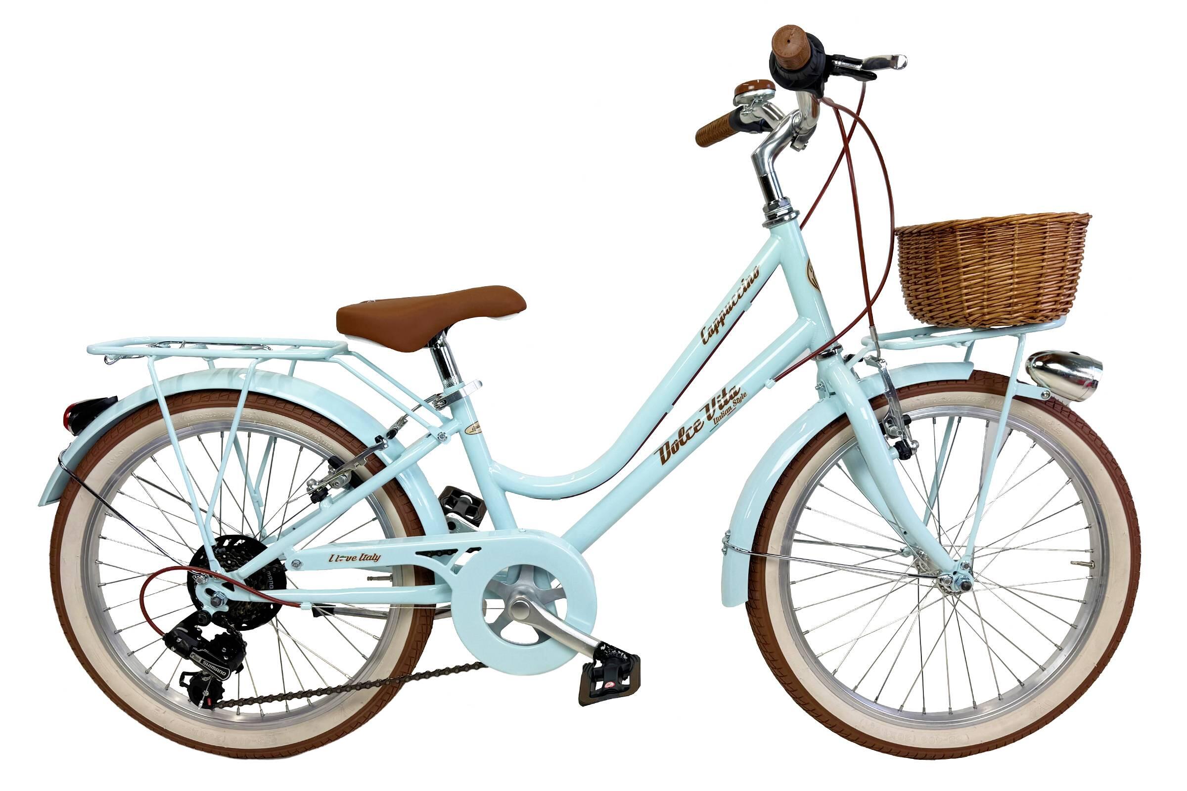 Bicicletă pentru fete Dolce Vita CAPPUCCINO 20 6V cu coș - Albastru deschis