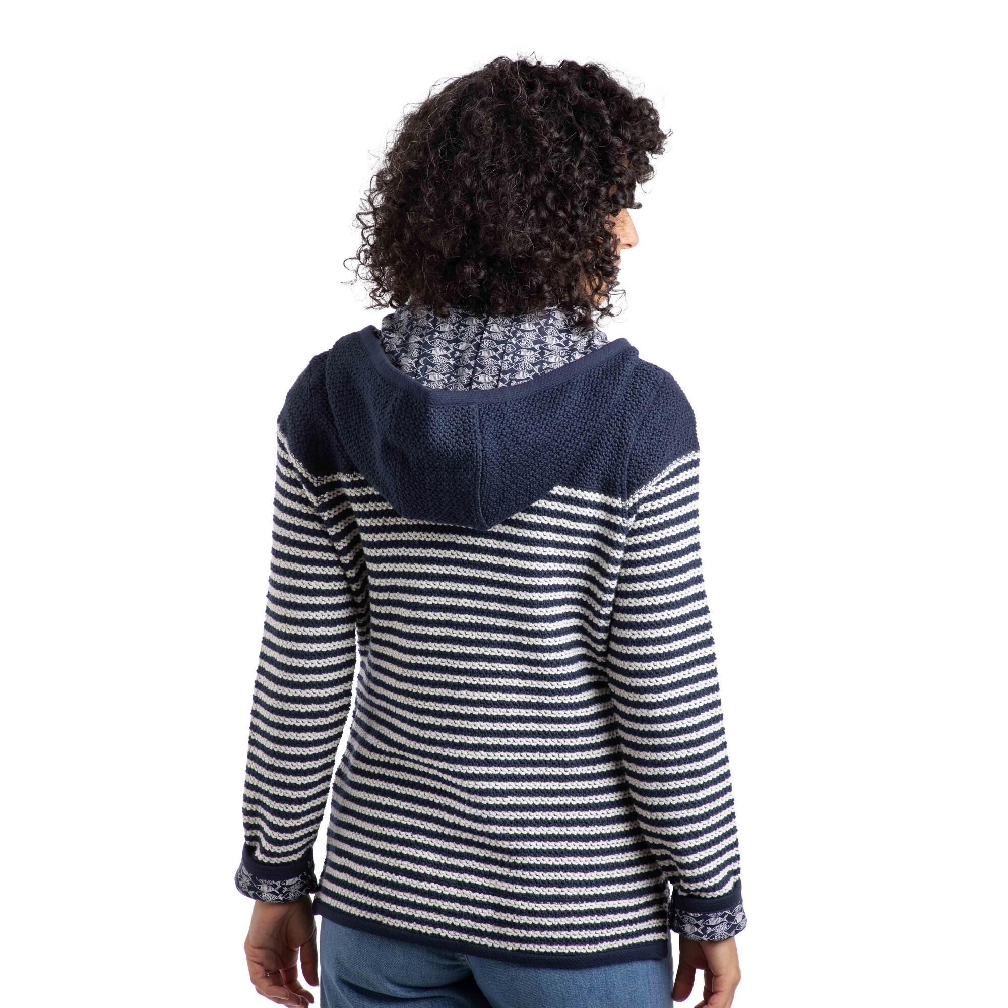 Felpa Con Cappuccio E Zip Intera A Strisce Ecologica Donna Weird Fish Bianca Blu 3/4