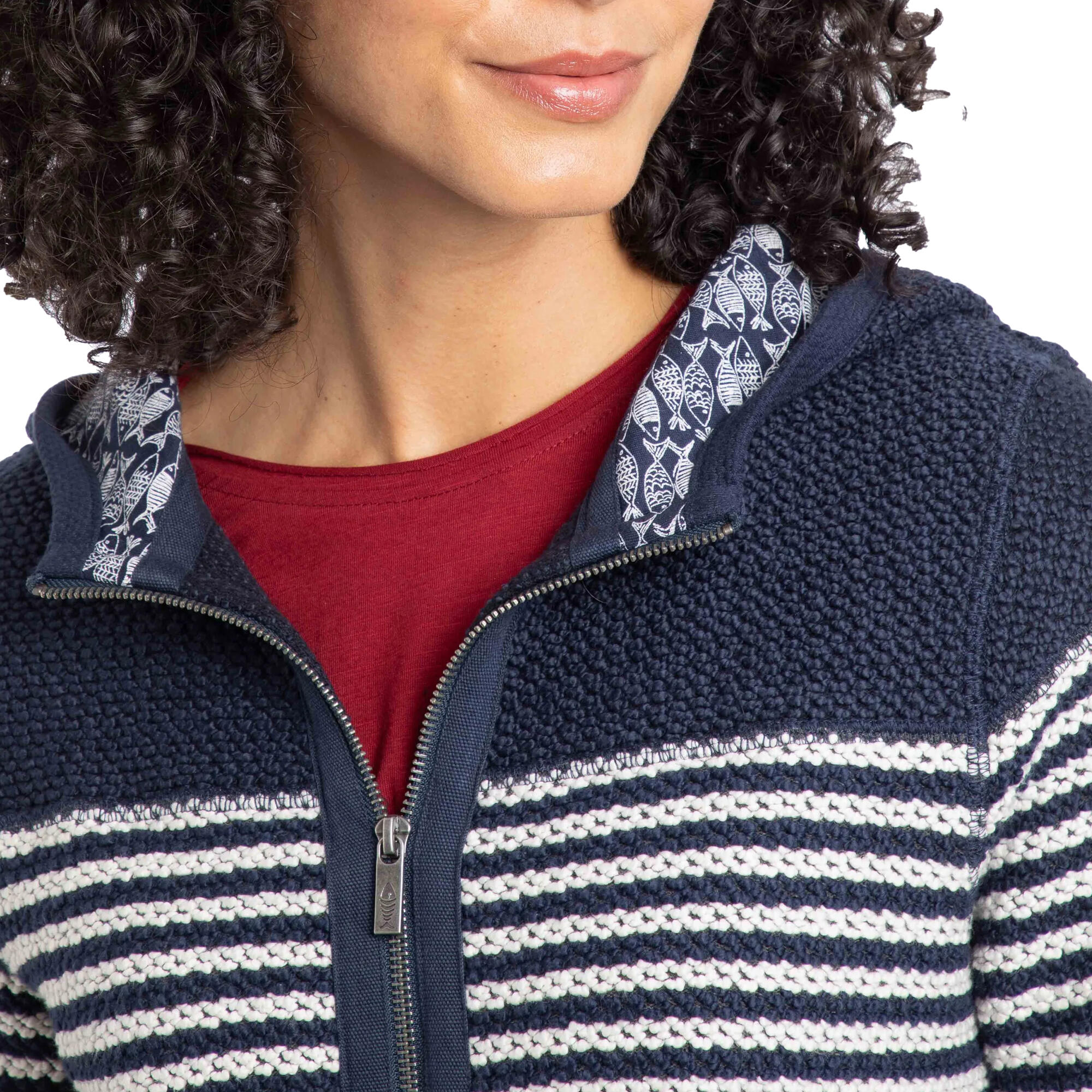 Felpa Con Cappuccio E Zip Intera A Strisce Ecologica Donna Weird Fish Bianca Blu 4/4