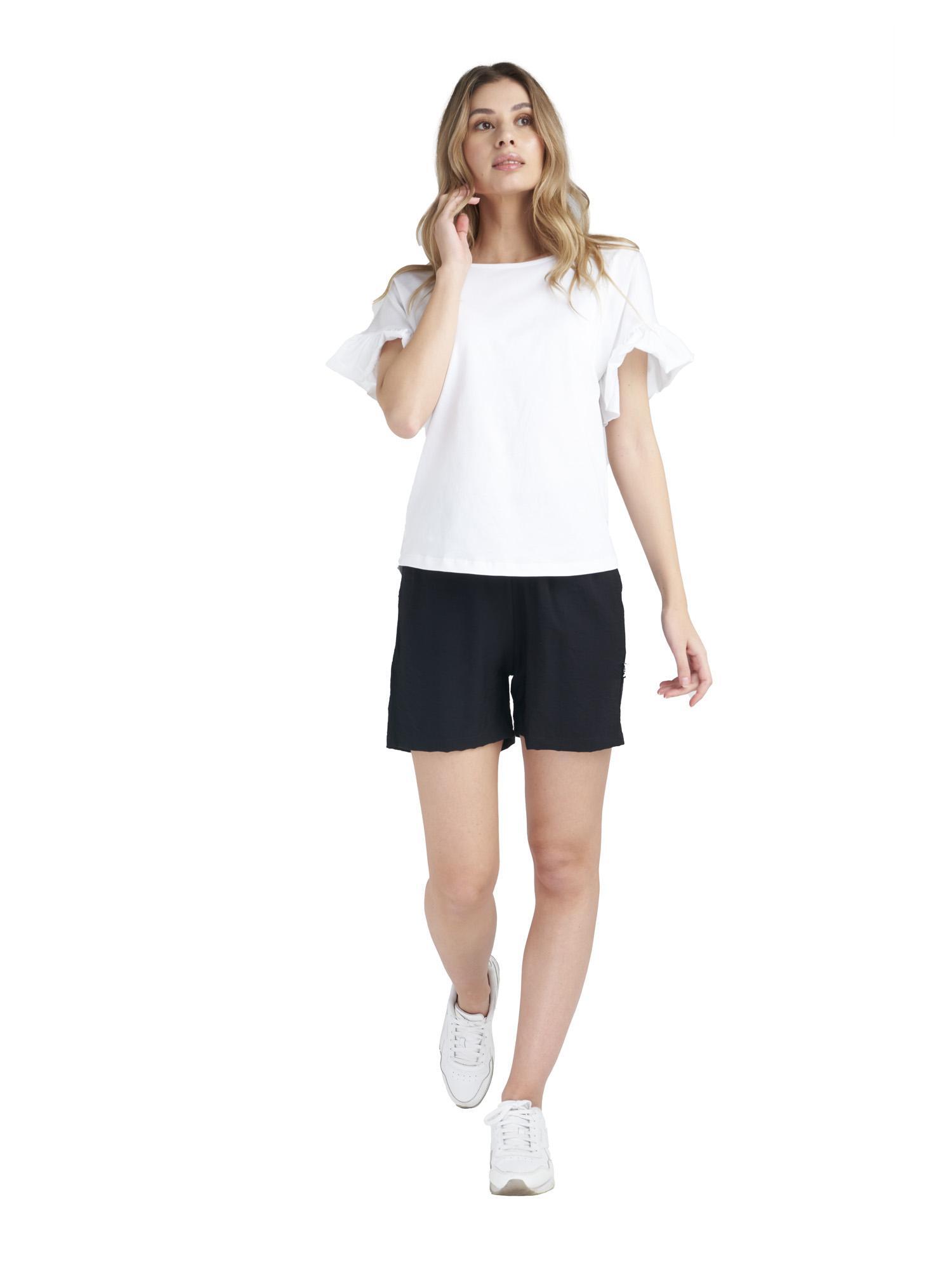 Camiseta de mujer brillante de manga corta con volantes 7/8
