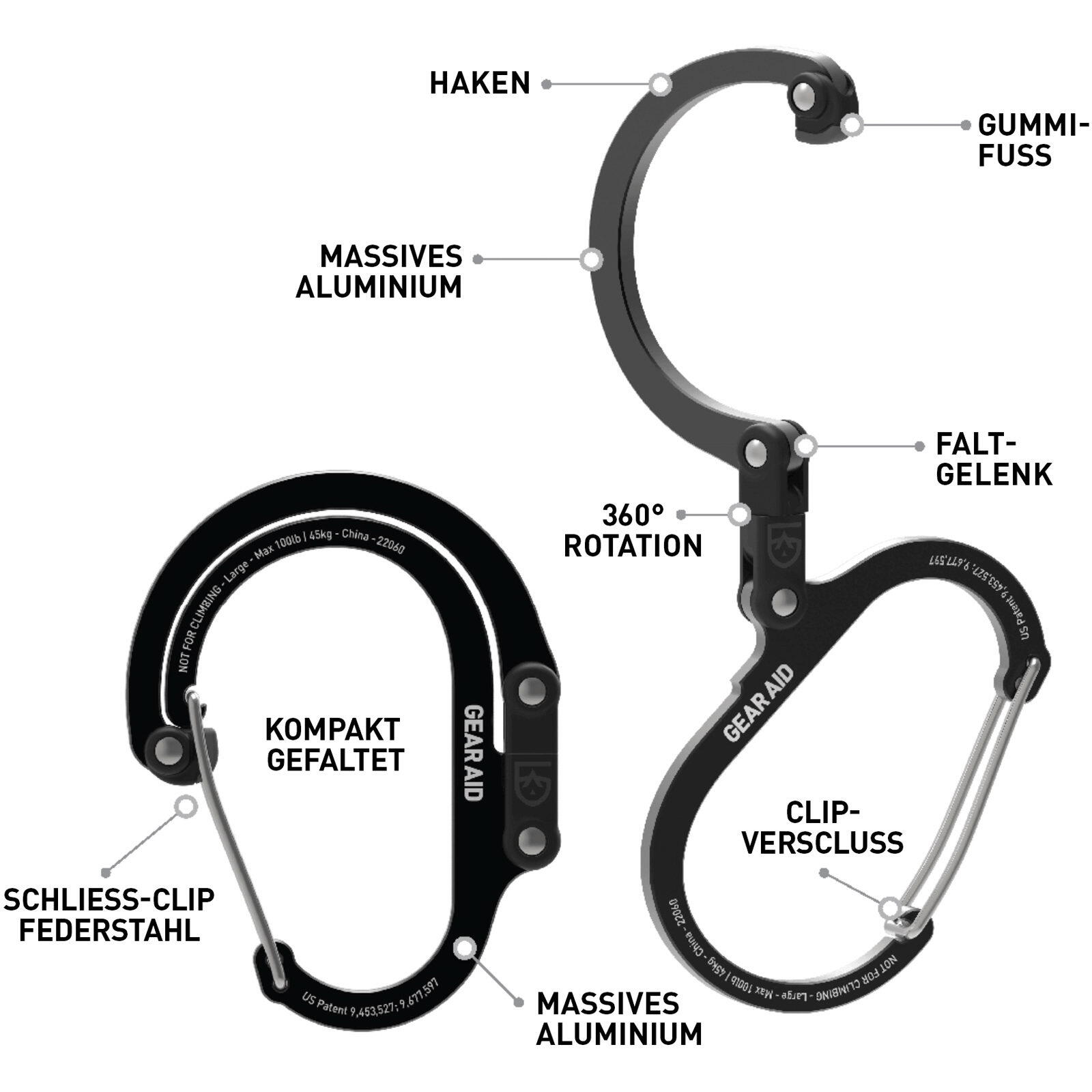 Mosquetón Gancho Giratorio Camping Viaje Gear Aid Heroclip Mediano Negro 27kg 3/7