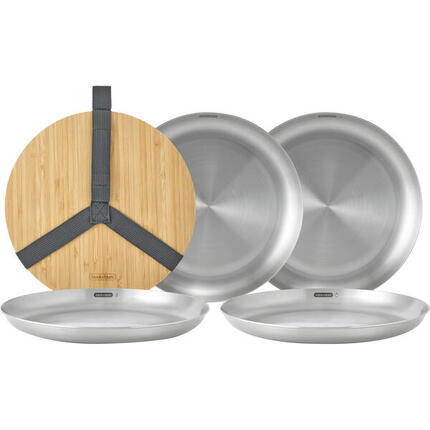 SET DE 4 ASSIETTES EN ACIER INOX-LÉGER-COUVERCLE EN BAMBOU