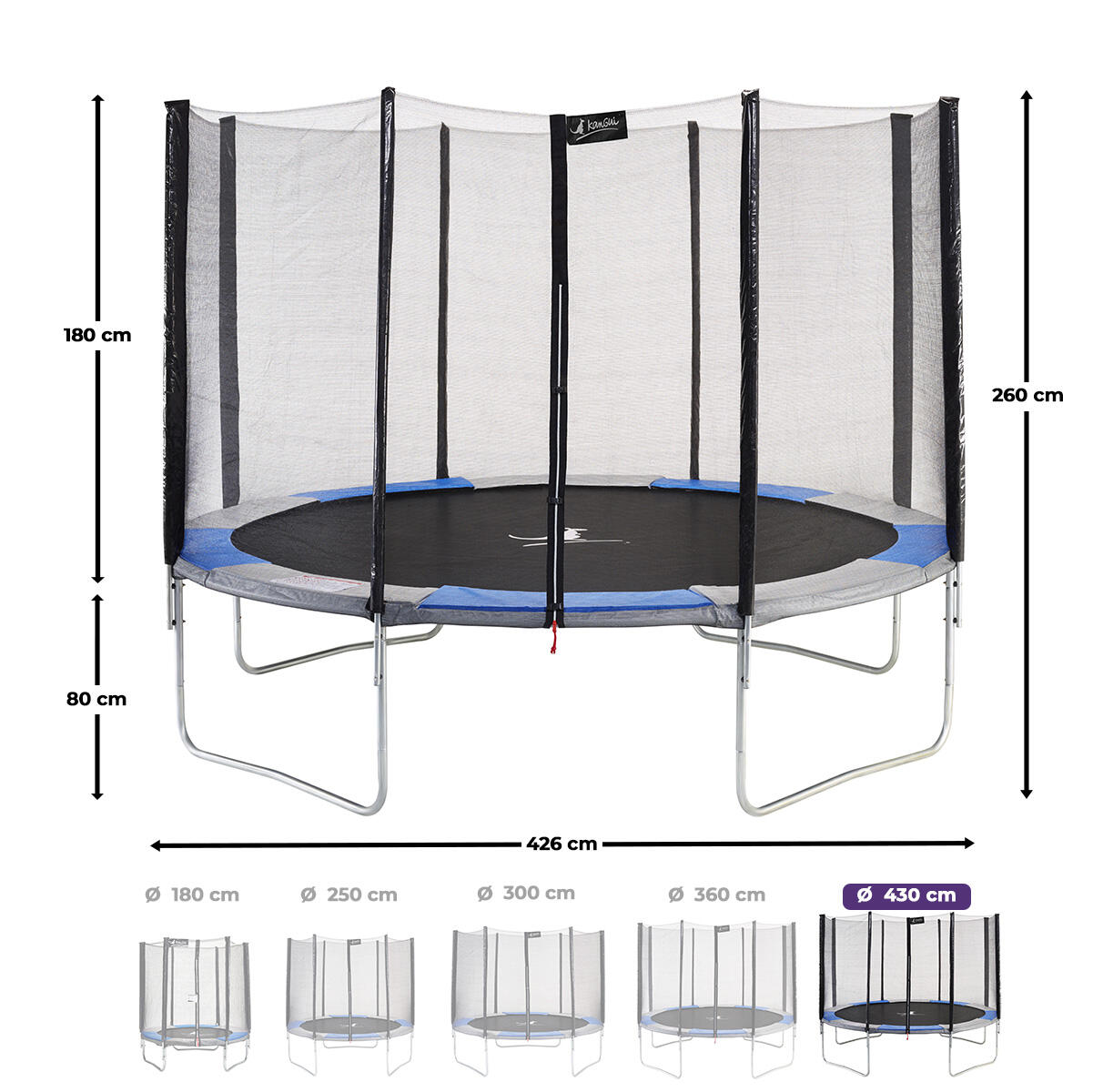 Kangui RALLI Trampolino Da Giardino Tondo Con Rete Di Sicurezza, Diametro 3,05 M, Struttura Zincata, Tappeto Permatron, Blu/Grigio