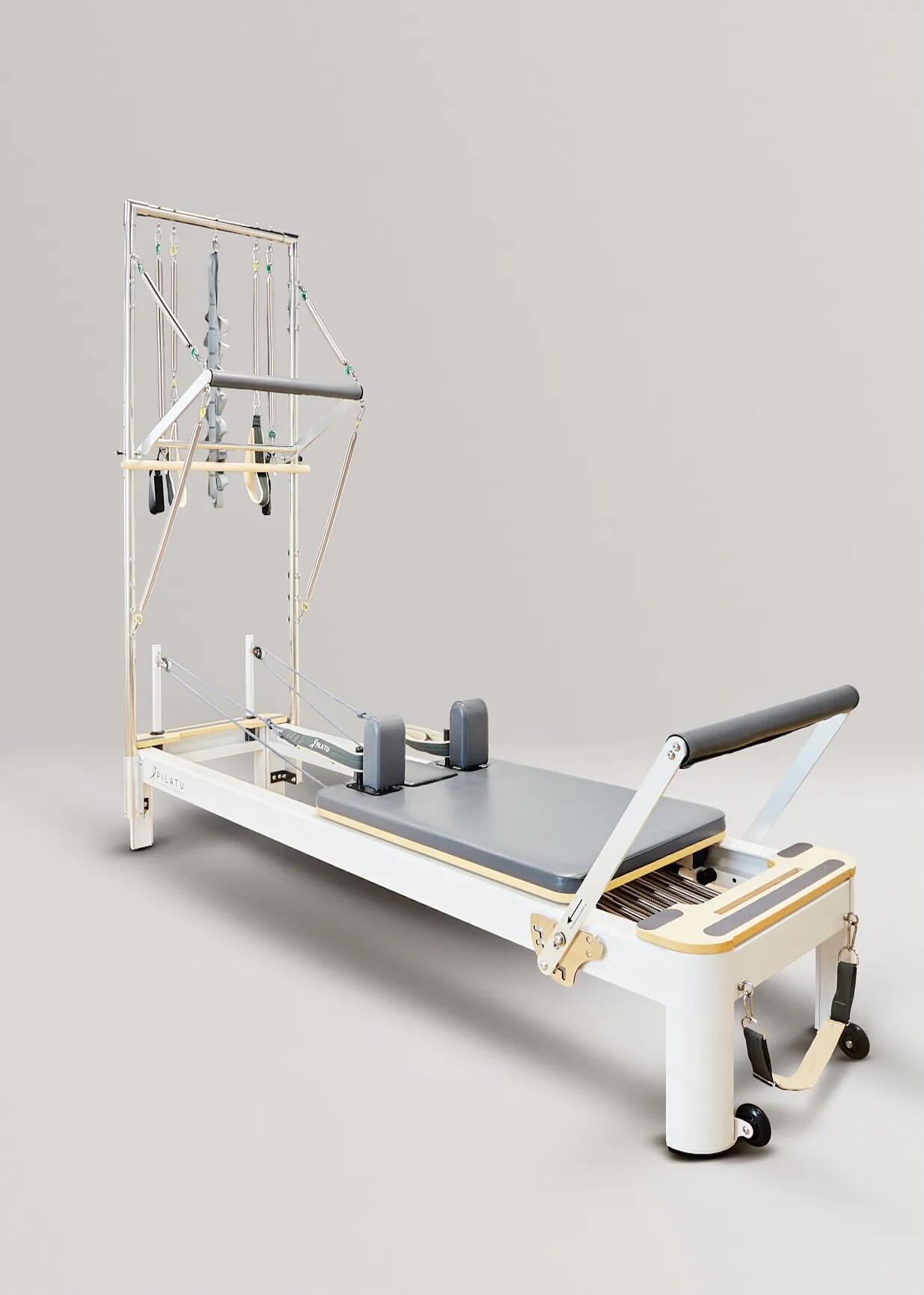 Reformer com torre em Alumínio branco e estofos cinzentos Pilates Pilatu F&H 2/3