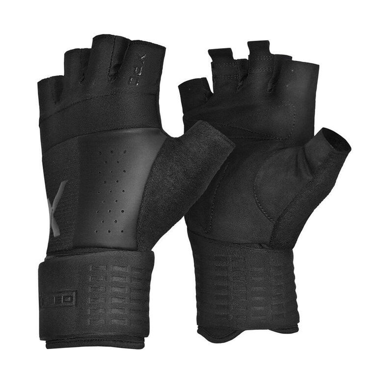 Black hybrid weight lifting gloves with fingerless design and wrist support