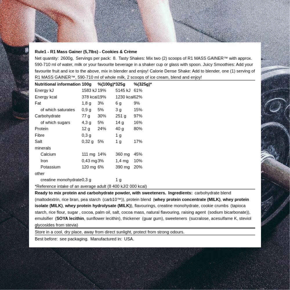 Rule1 R1 Mass Gainer (5,7lbs) Cookies & Crème - Prise de poids - Avec Créatine 3/4