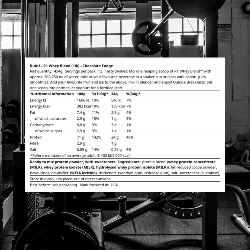 Rule1 R1 Whey Protein (1lb) Chocolate Fudge - Proteine 3/4