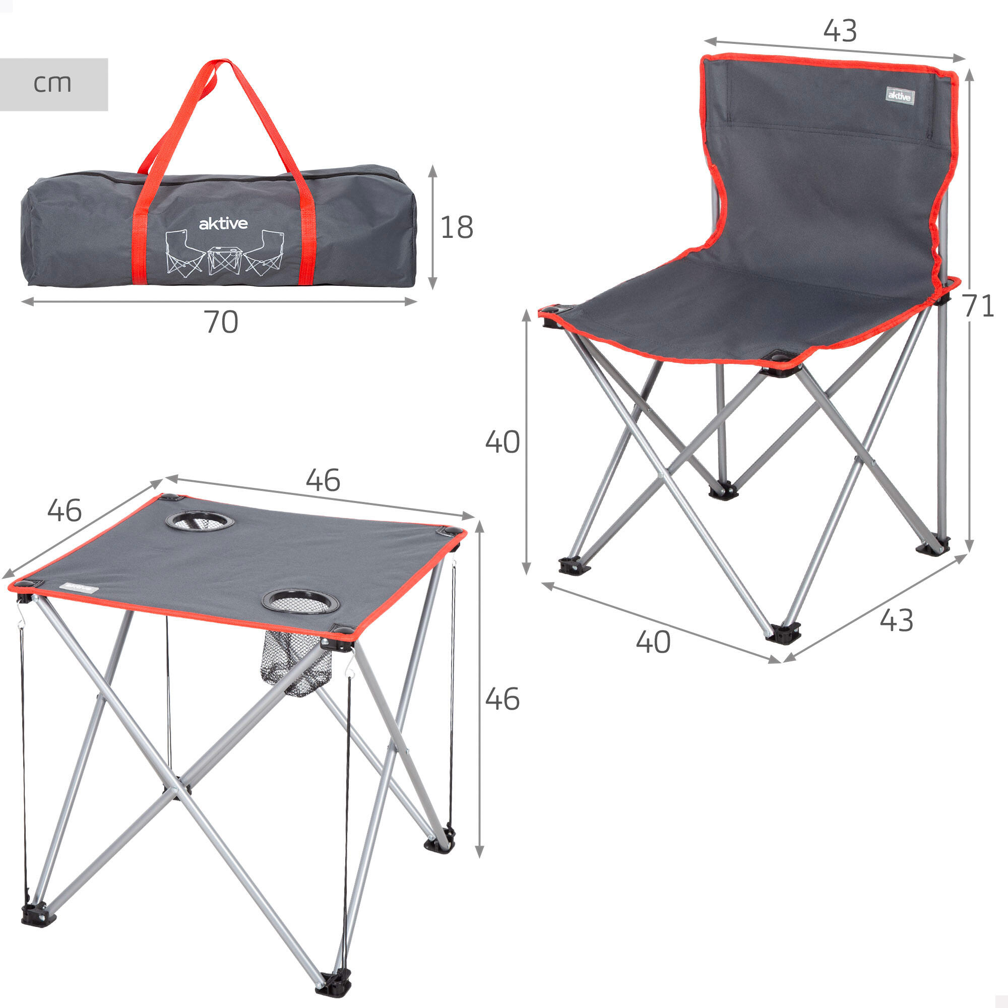 Aktive - Ensemble table et 2 chaises de camping pliantes gris 46x46x46 cm 4/7