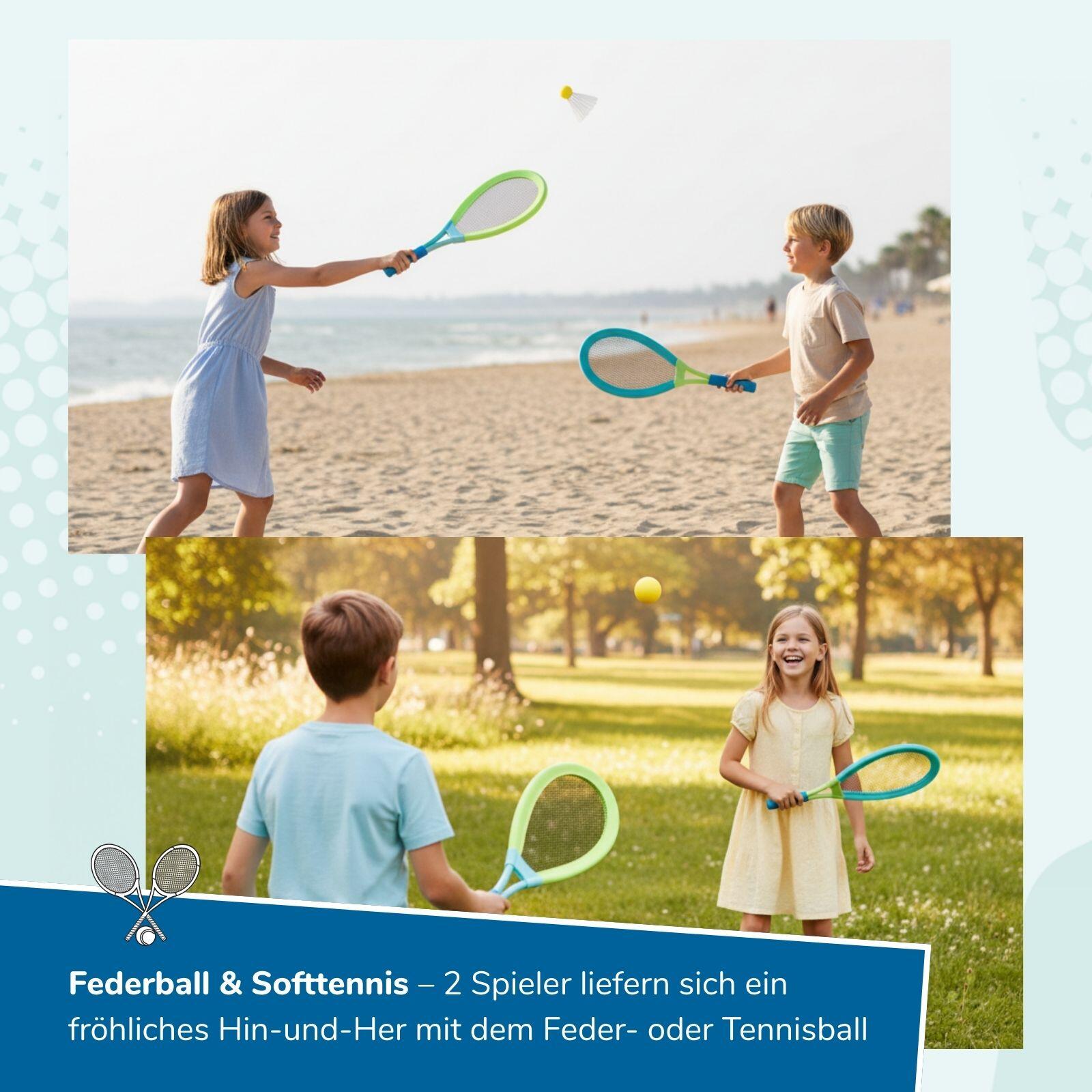3-in-1 XXL Outdoor Spielset Beachball, Federball & Soft-Tennis für Kinder 3/7