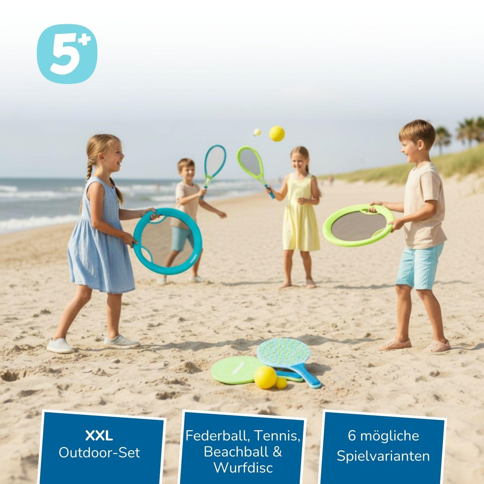 3-in-1 XXL Outdoor Spielset Beachball, Federball & Soft-Tennis für Kinder 2/7