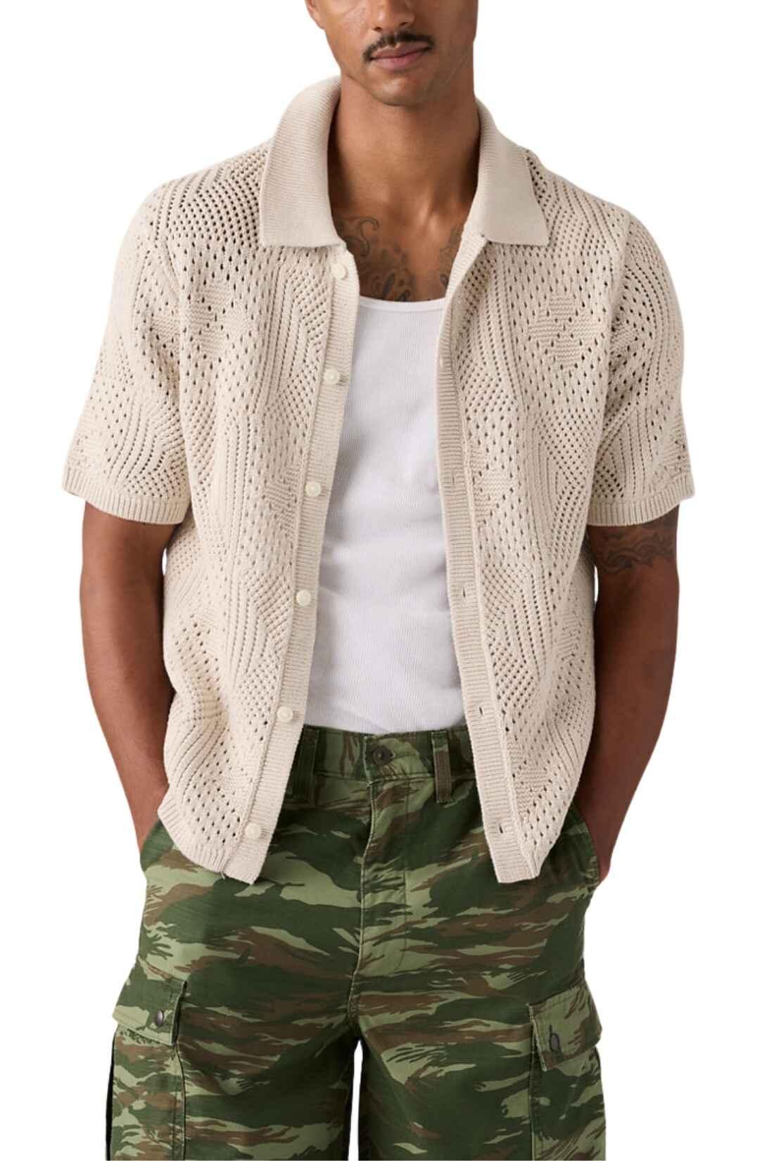Camicia uomo in maglia uncinetto pointelle 3/4