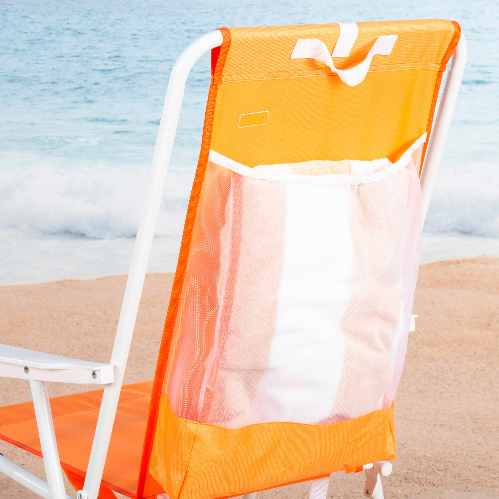 Silla de playa plegable naranja, 44x40x81 cm, diseño tipo mochila 5/7