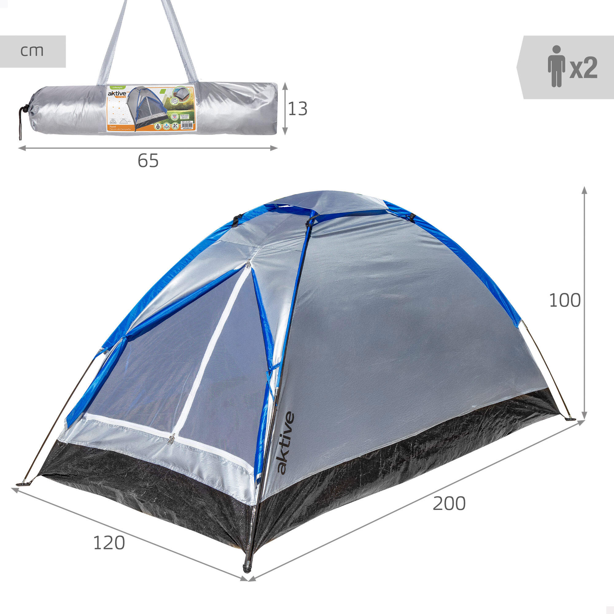 Aktive Tenda cinza e azul para 2 pessoas, 120x200x100 cm 4/7