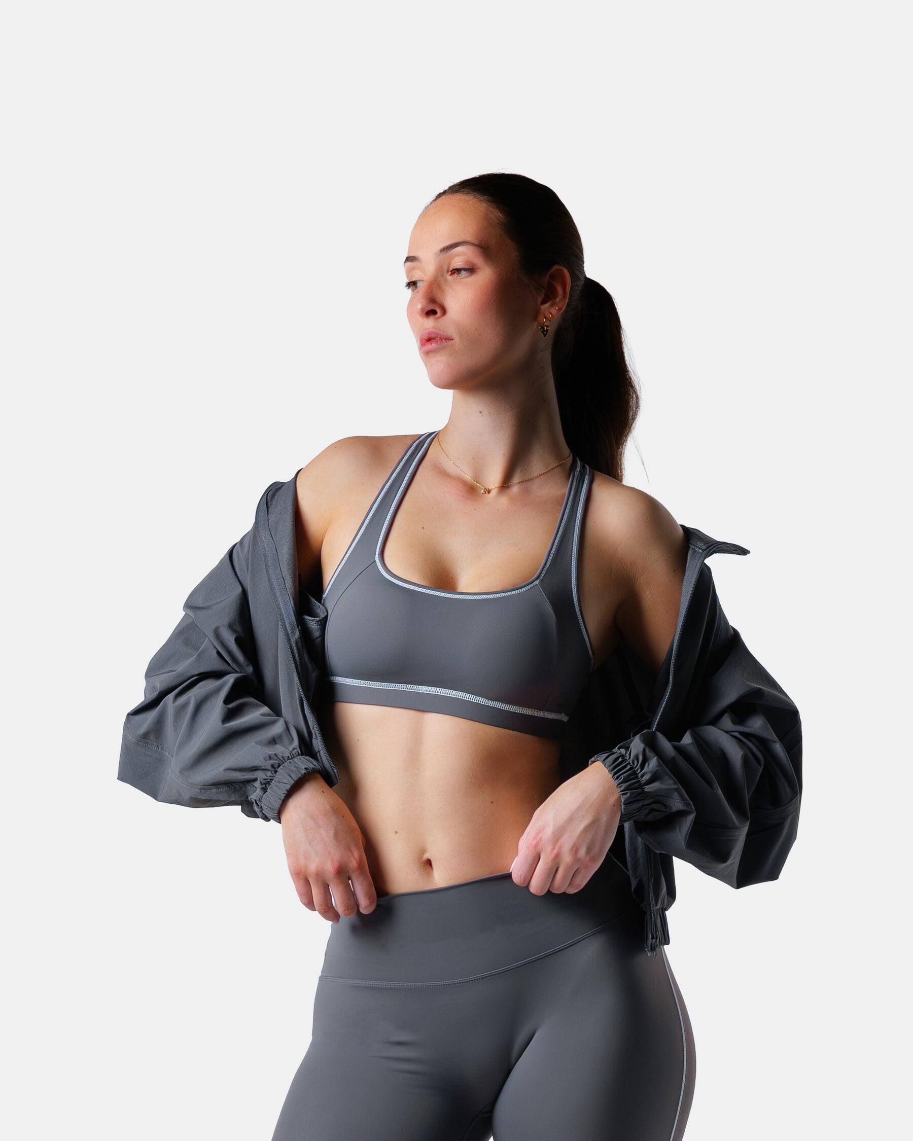 Veste de survêtement femme courte tissée zippée fitness streetwear – gris 5/7