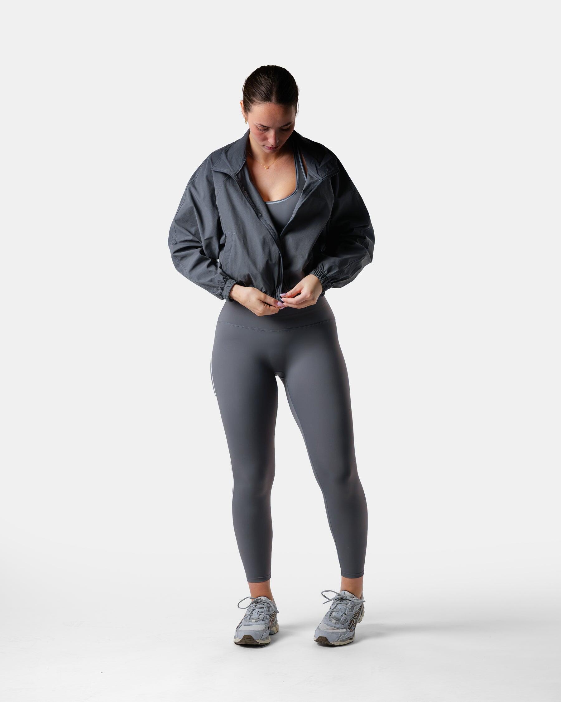 Veste de survêtement femme courte tissée zippée fitness streetwear – gris 3/7