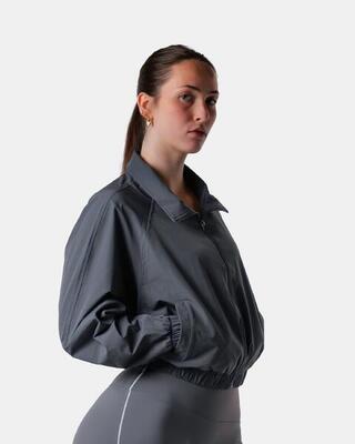 Dames geweven cropped trackjack full-zip voor fitness en streetwear – zwart