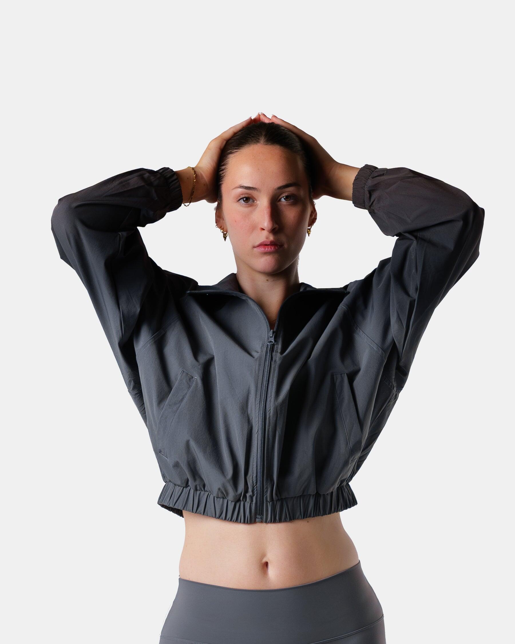 Veste de survêtement femme courte tissée zippée fitness streetwear – gris 4/7