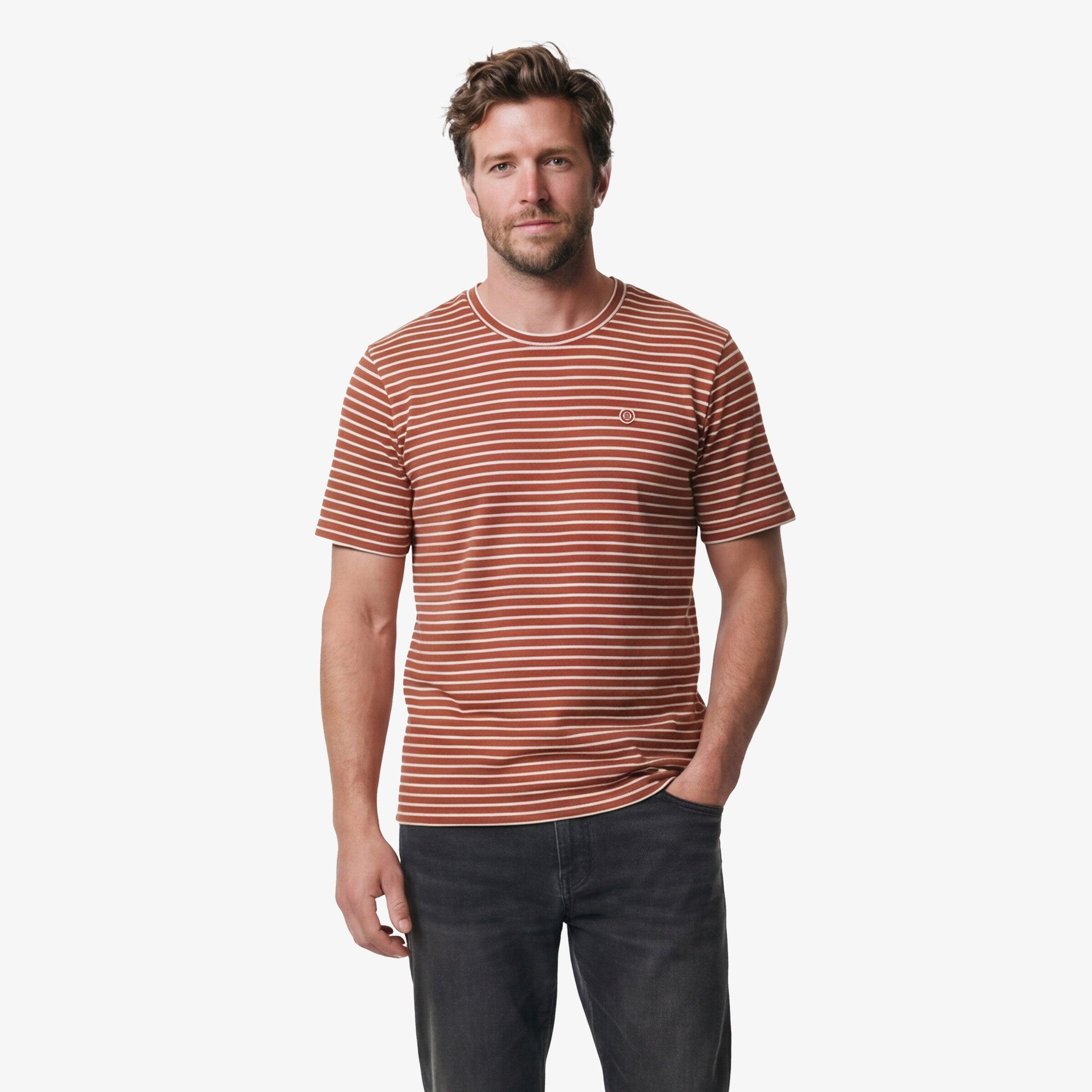 T-shirt girocollo a righe bianche e rosse in lino e viscosa 2/6