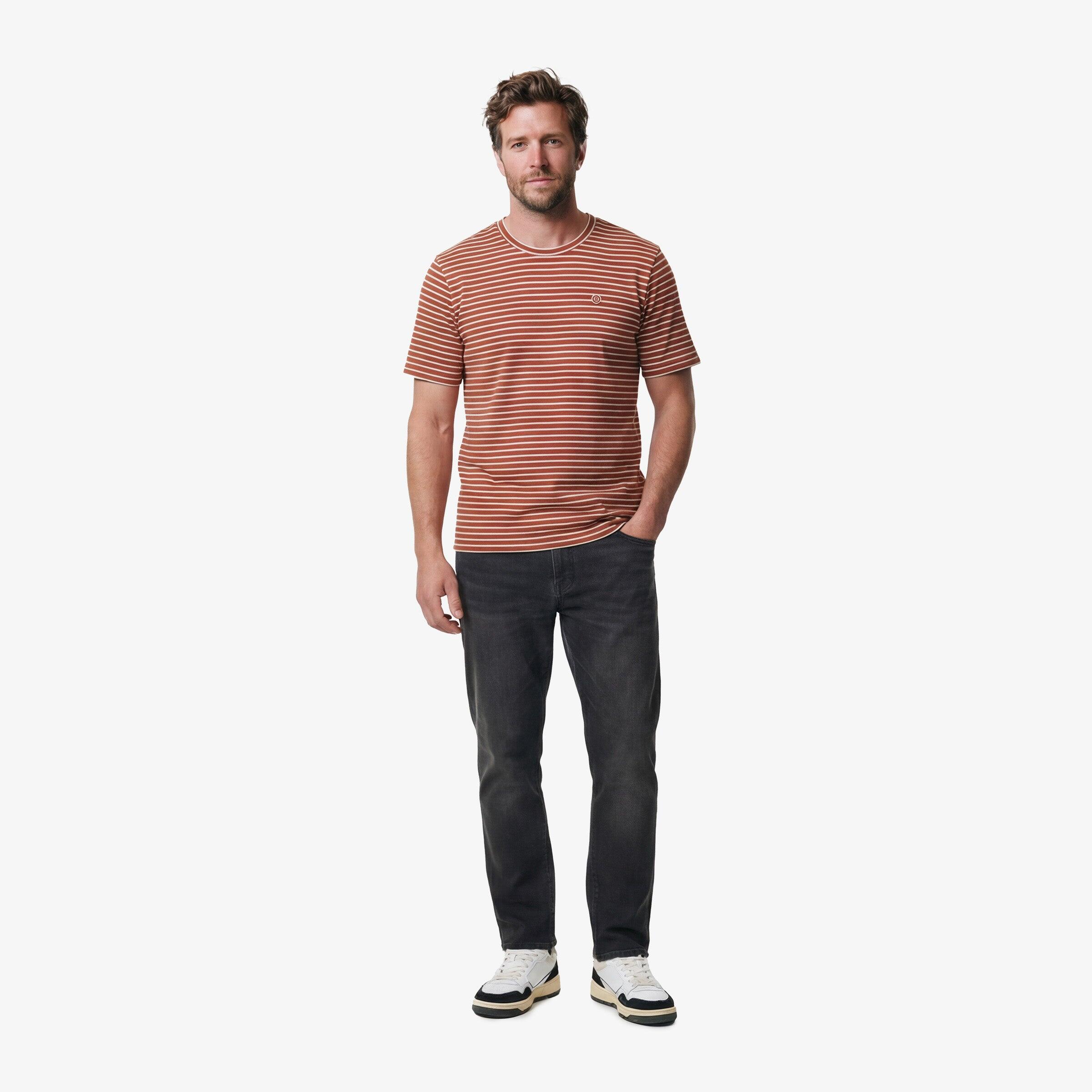 T-shirt girocollo a righe bianche e rosse in lino e viscosa 6/6