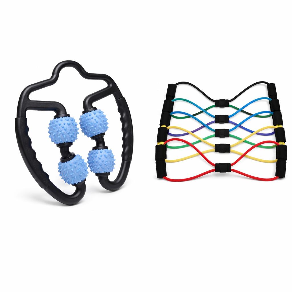 Blue Set of 2 Foam Roller Ring Leg Massagers with 2 Resistance Bands