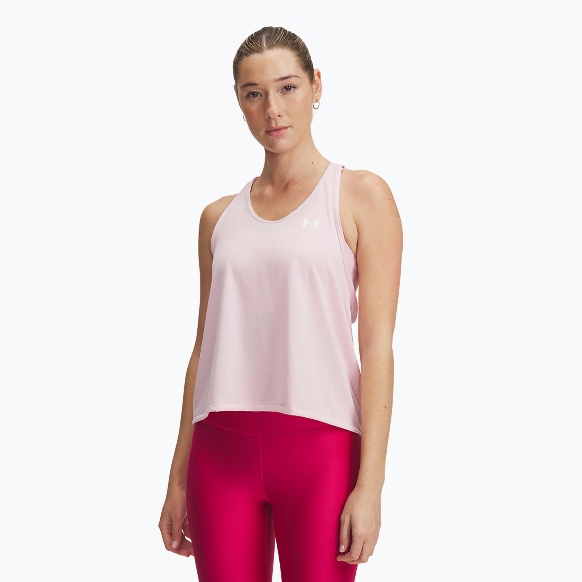 Top de treino feminino Under Armour Tech Swing Tank prime pink/branco 1/2