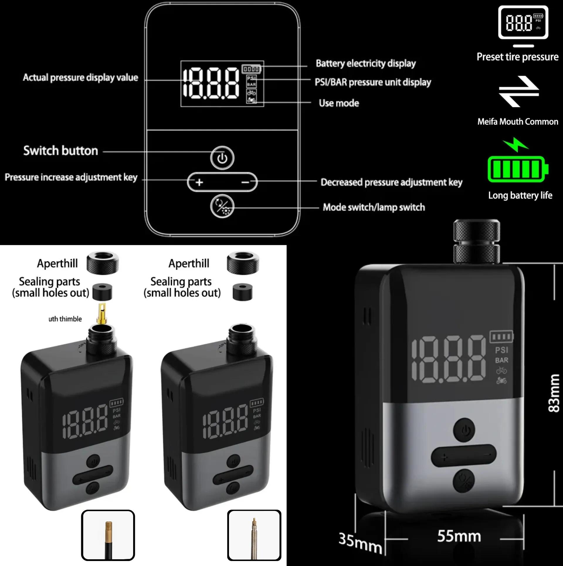 mini bomba elétrica bicicleta 150 PSI USB-C display 4/4