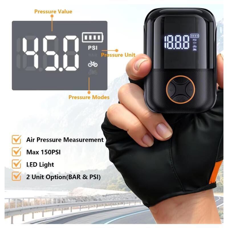 Elektromos kerékpár pumpa 150 PSI USB-C kijelző 165g