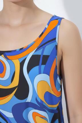 Damen Midikleid Wellenmuster A-Linie Rundhals ärmellos