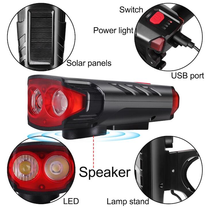 Far Solar 2 LED-uri si claxon detasabil, 5 moduri luminare, 6 melodii
