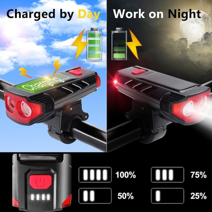 Far Solar 2 LED-uri si claxon detasabil, 5 moduri luminare, 6 melodii