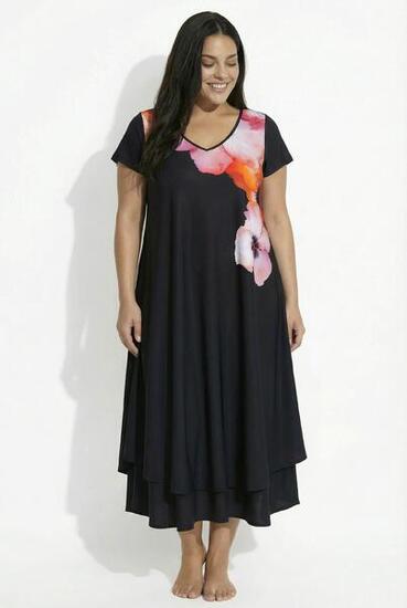 Damen Midikleid Blüten A-Linie V-Ausschnitt Cap-Ärmel