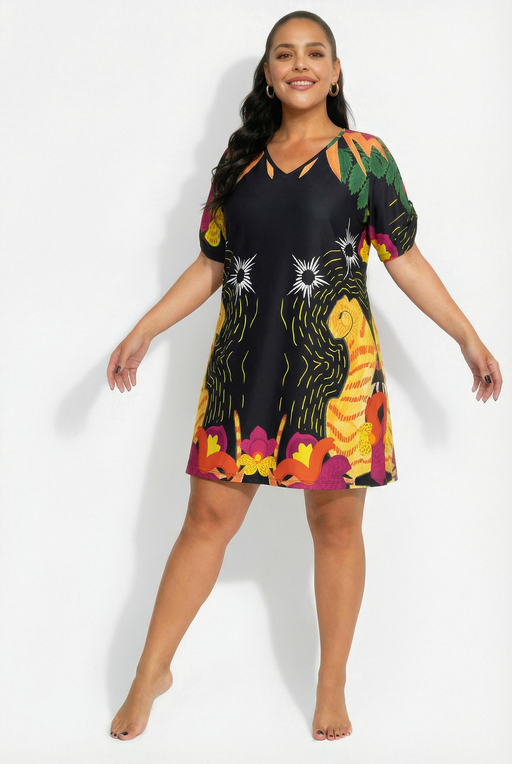 Damen Jerseykleid Katze A-Linie V-Ausschnitt Halbarm 6/7