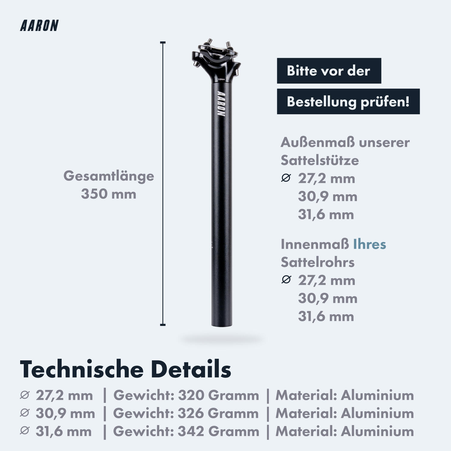 Post Aluminium-Sattelstütze - 350 mm - Ø 30,9 mm - Schwarz 5/6