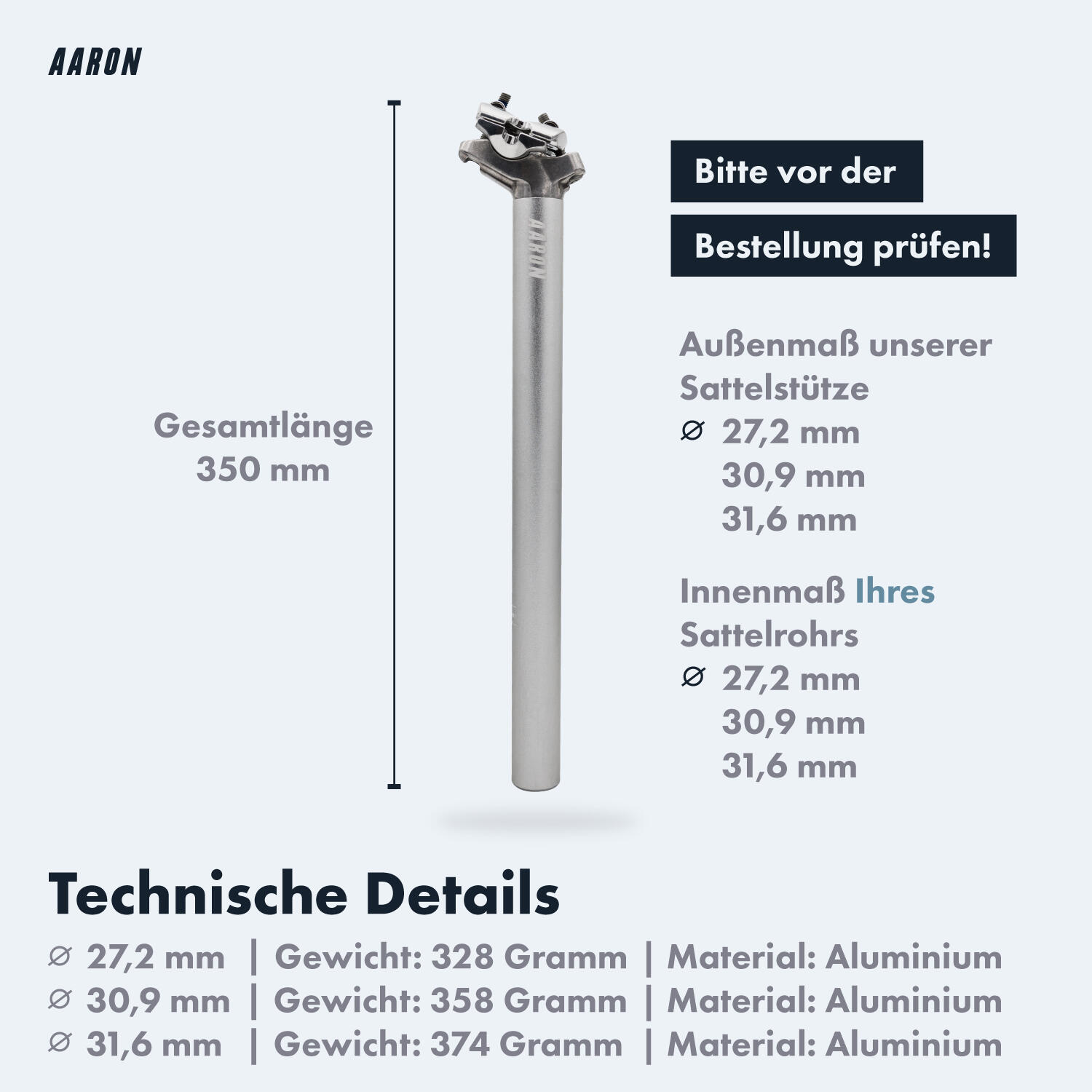 Post Aluminium-Sattelstütze - 350 mm - Ø 30,9 mm - Silber 5/6