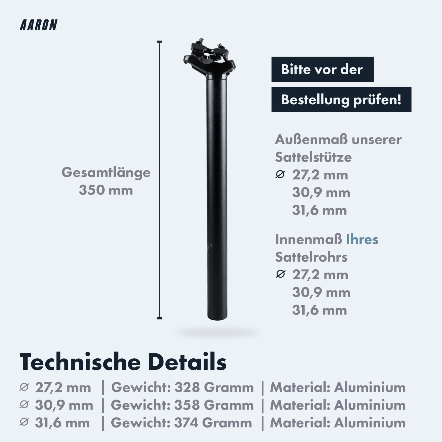 Post Aluminium-Sattelstütze - 350 mm - Ø 30,9 mm - Schwarz, ohne Aufdruck 5/6