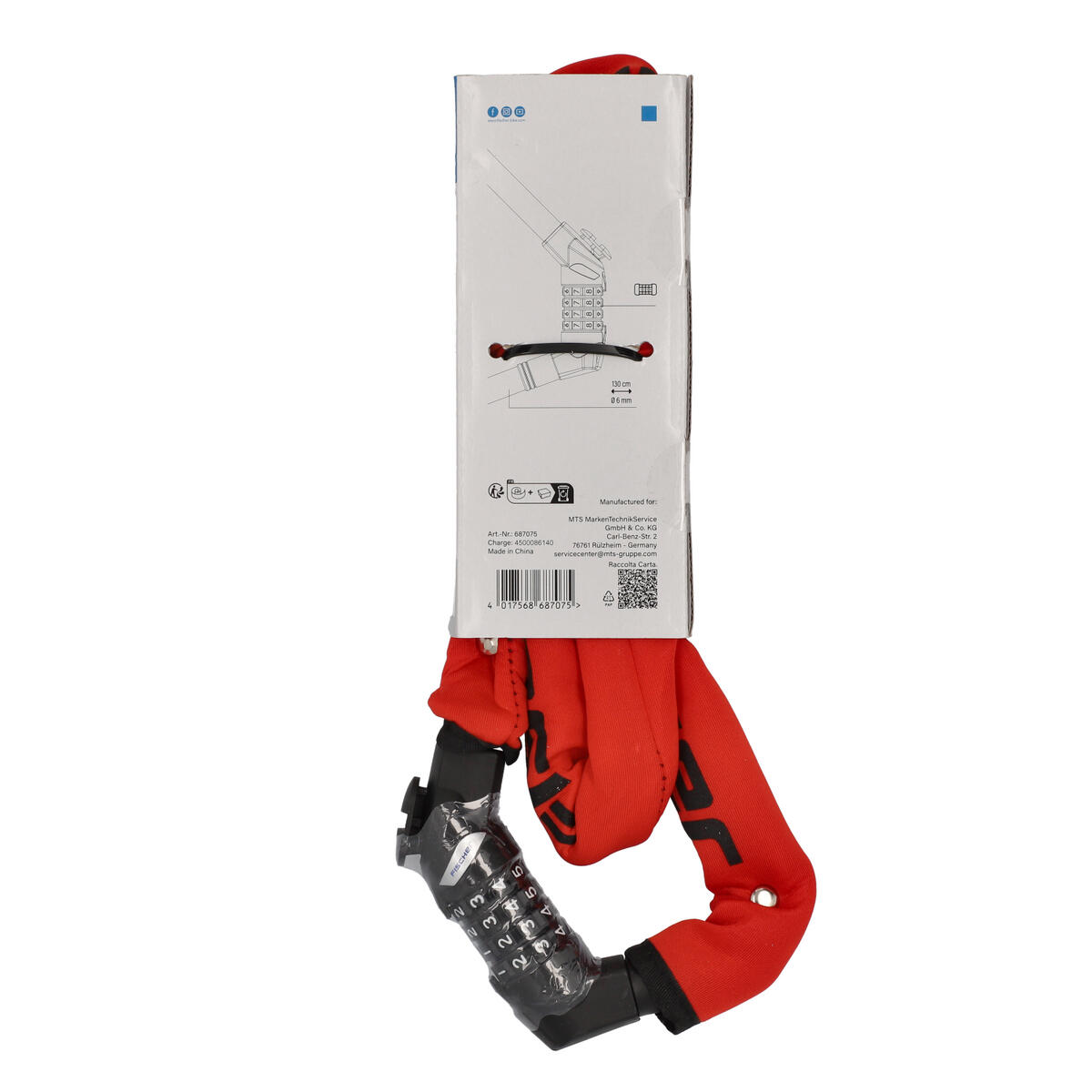 FISCHER Kettenschloss Neopren, 130 cm lang, 6 mm dick, Zahlenschloss rot 6/7