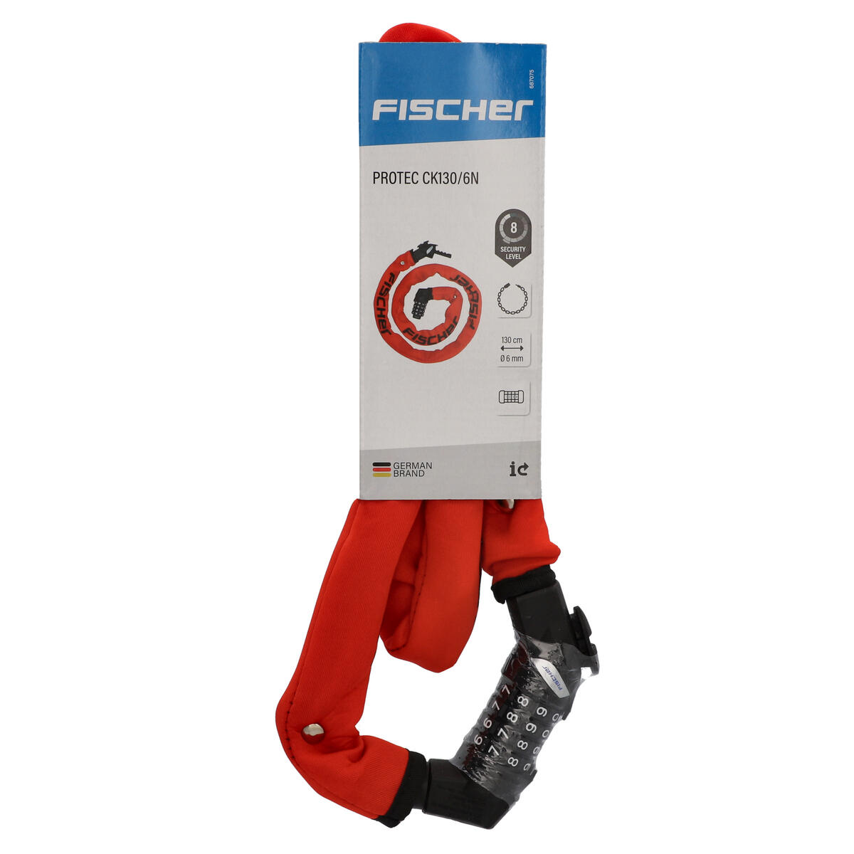 FISCHER Kettenschloss Neopren, 130 cm lang, 6 mm dick, Zahlenschloss rot 7/7