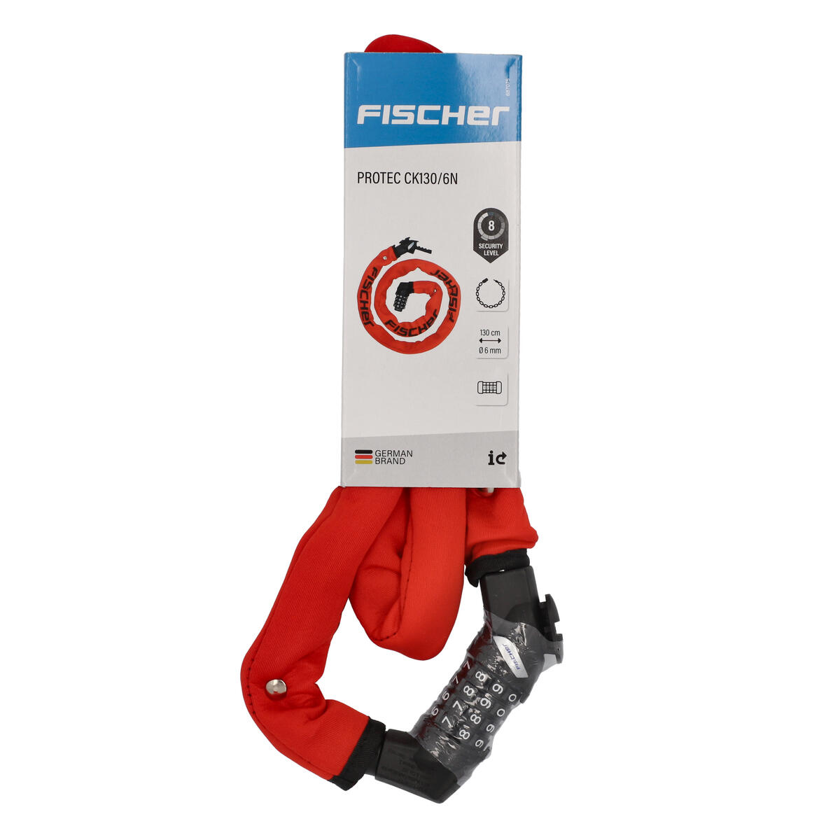 FISCHER Kettenschloss Neopren, 130 cm lang, 6 mm dick, Zahlenschloss rot 5/7