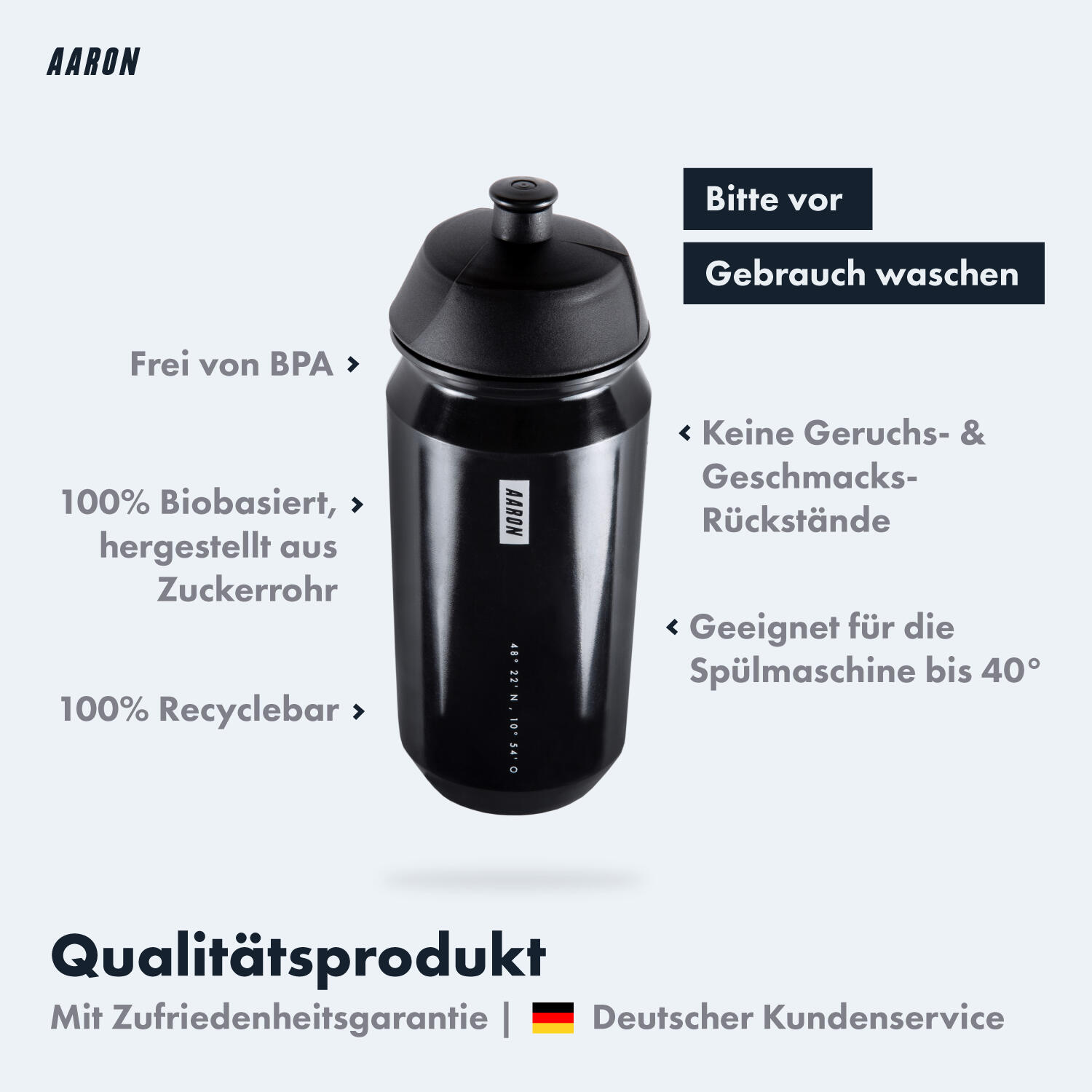 ECO Fahrrad-Trinkflasche - 500 ml, biologisch abbaubar, BPA-frei - Schwarz 2/5