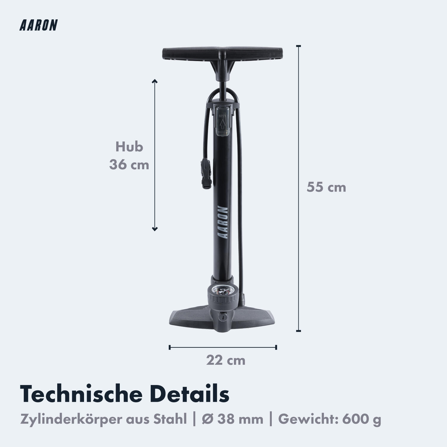 AIR Standpumpe mit Manometer, Universell für alle Fahrradventile, Schwarz 6/6