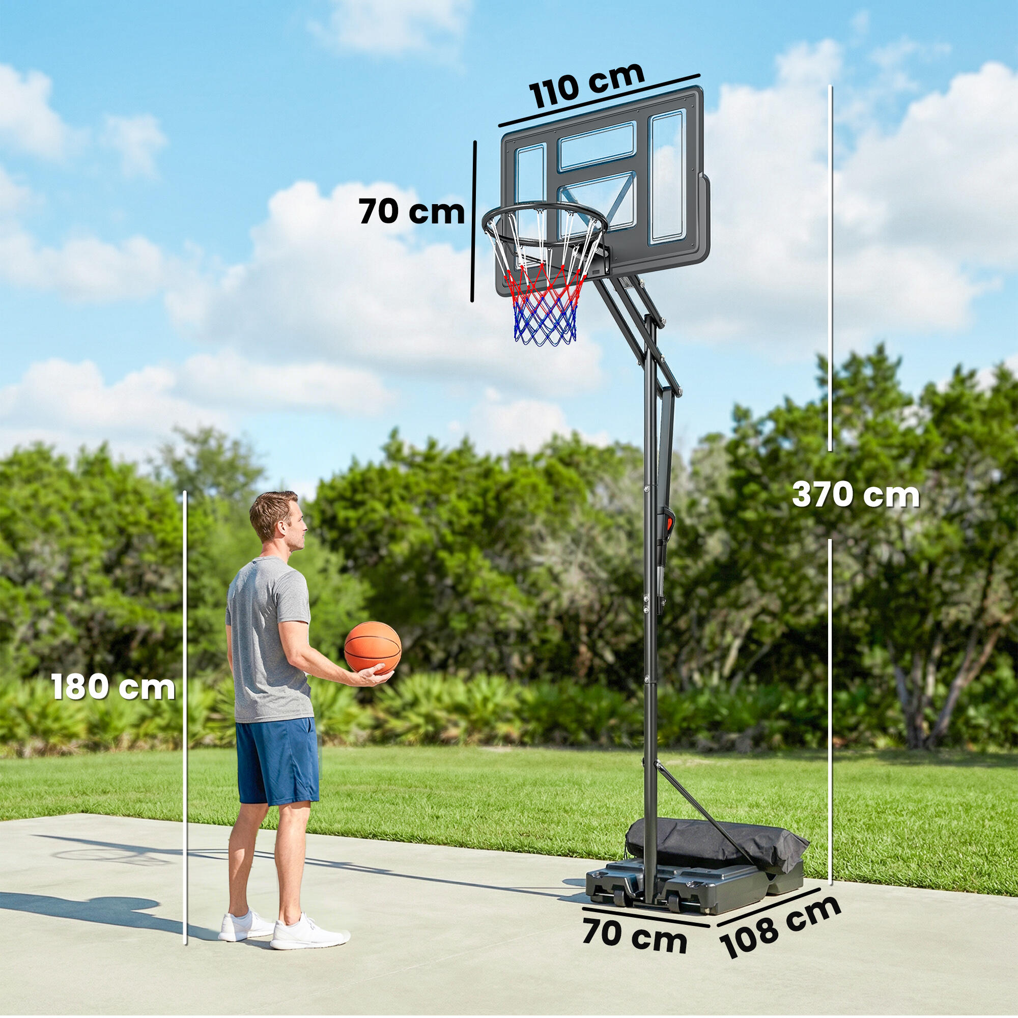 SPORTNOW Canestro da Basket Regolabile con Ruote, 2.35-3.05m, Nero 3/8
