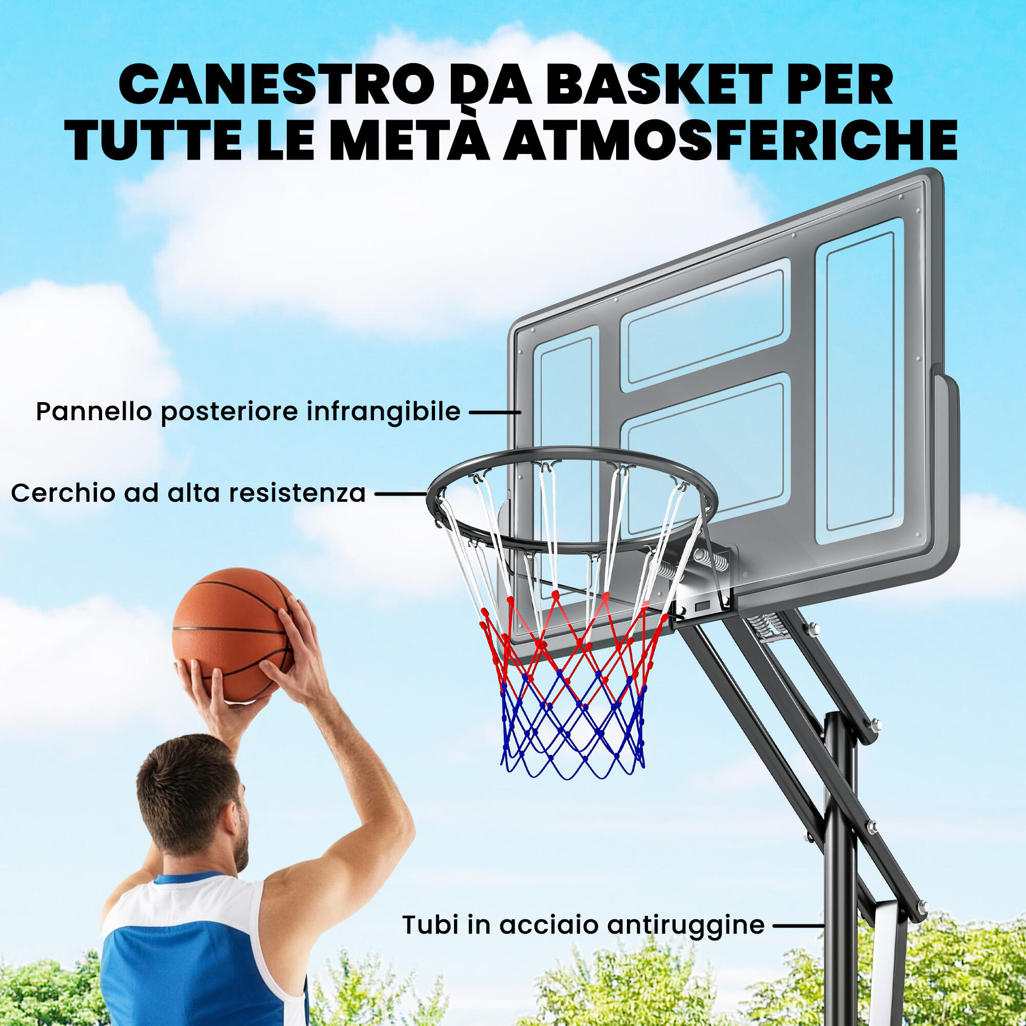 SPORTNOW Canestro da Basket Regolabile con Ruote, 2.35-3.05m, Nero 7/8