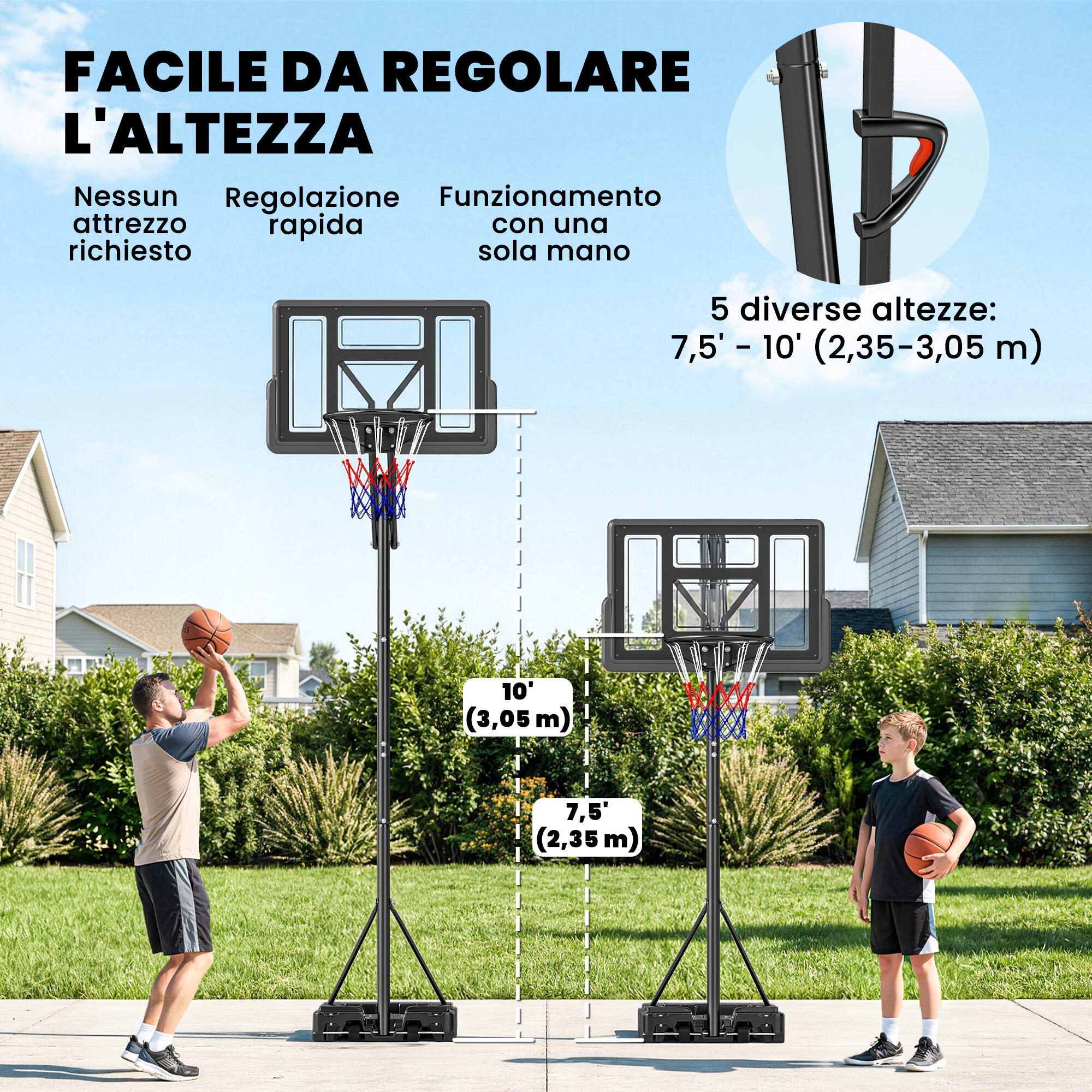 SPORTNOW Canestro da Basket Regolabile con Ruote, 2.35-3.05m, Nero 4/8