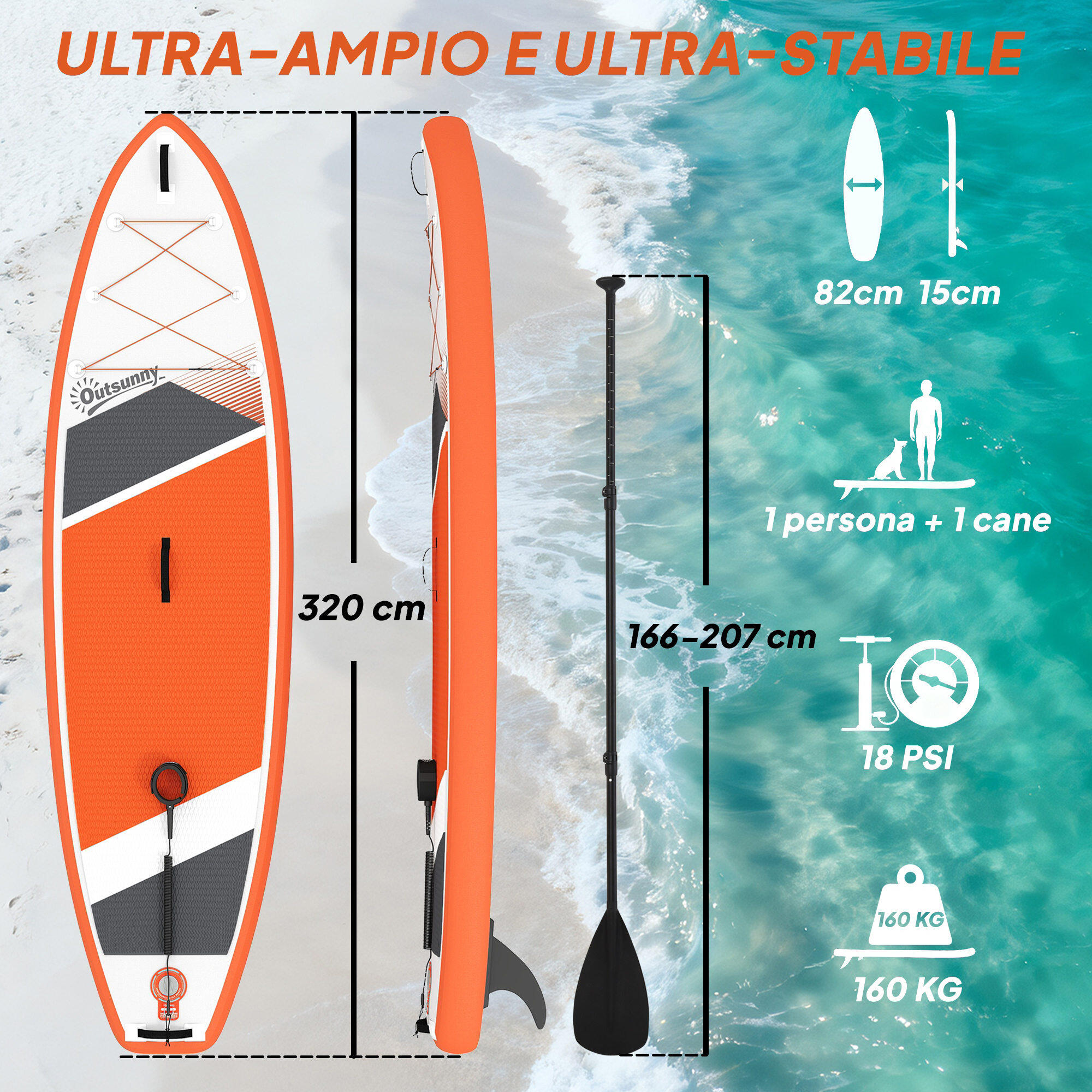 Outsunny Tavola da Stand Up Paddle Gonfiabile Antiscivolo, 320x82x15cm Arancione 3/8