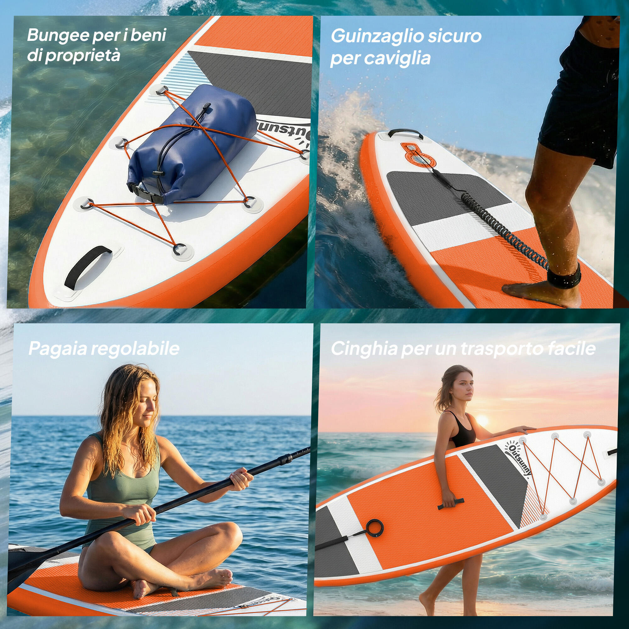 Outsunny Tavola da Stand Up Paddle Gonfiabile Antiscivolo, 320x82x15cm Arancione 6/8