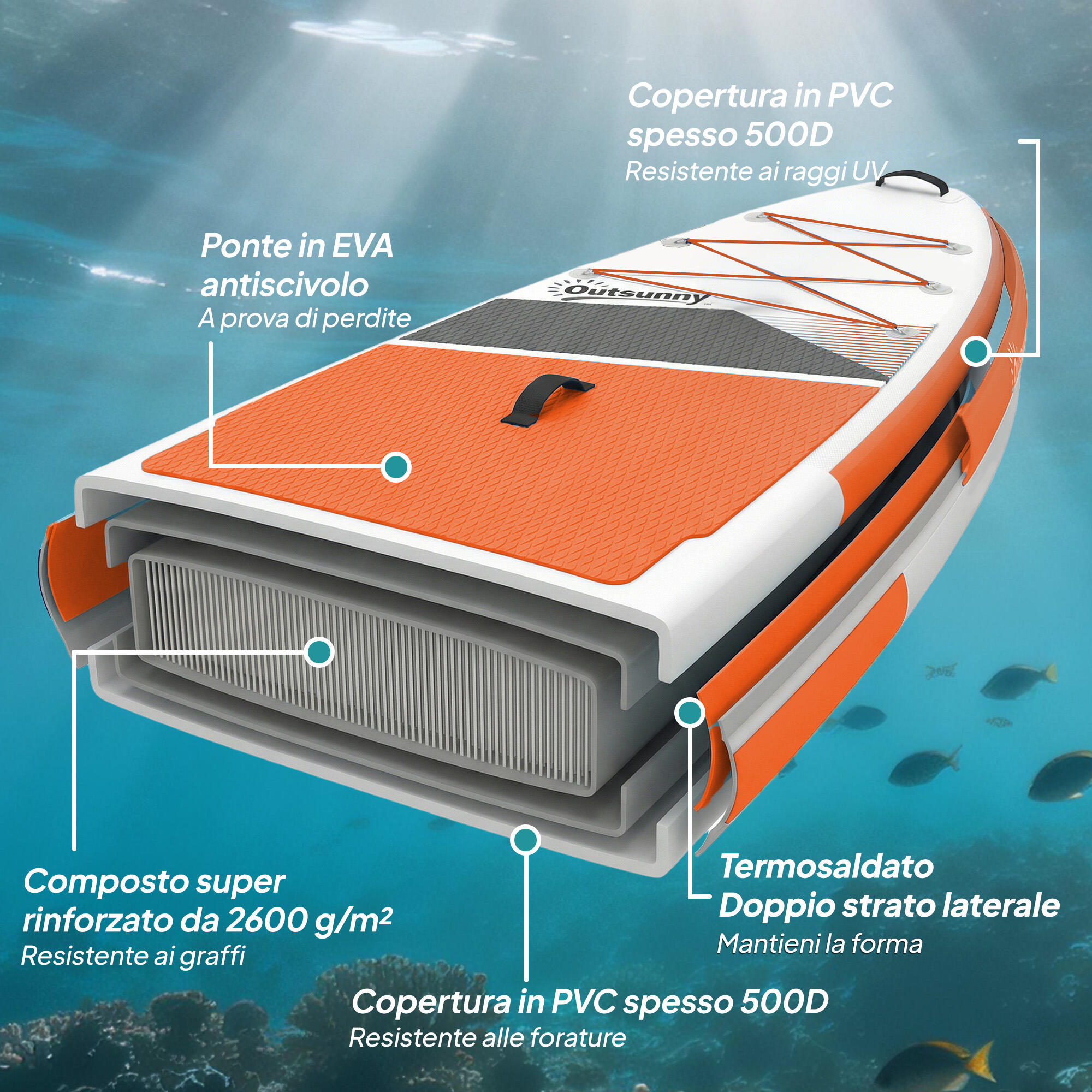 Outsunny Tavola da Stand Up Paddle Gonfiabile Antiscivolo, 320x82x15cm Arancione 4/8