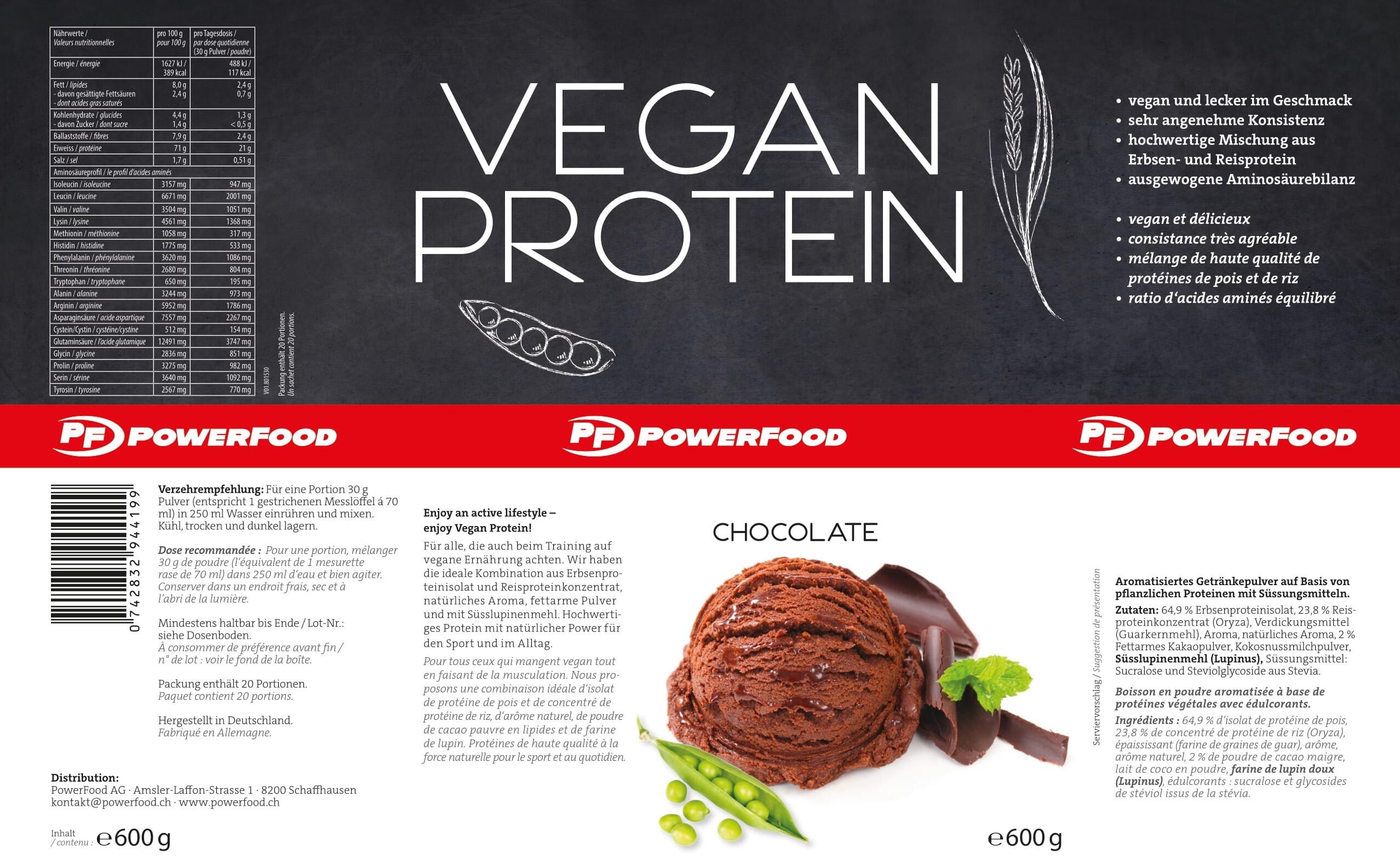 PowerFood Vegan Protein (600 g Dose) Chocolate 2/3