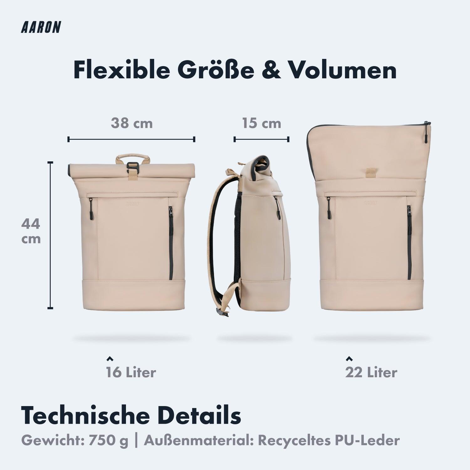 UNI Rolltop Rucksack Beige, 16-22 Liter Volumen 3/7